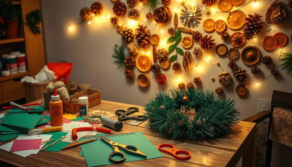 A cozy, well-lit crafting table showcases an array of festive holiday supplies - colorful paper, glue, scissors, and a half-finished DIY wreath. In the background, a twinkling string of lights illuminates a wall of inexpensive, found-object decorations - pinecones, dried orange slices, and recycled materials. The overall scene exudes a sense of cheerful, budget-conscious creativity, perfect for capturing the spirit of handmade holiday decor.