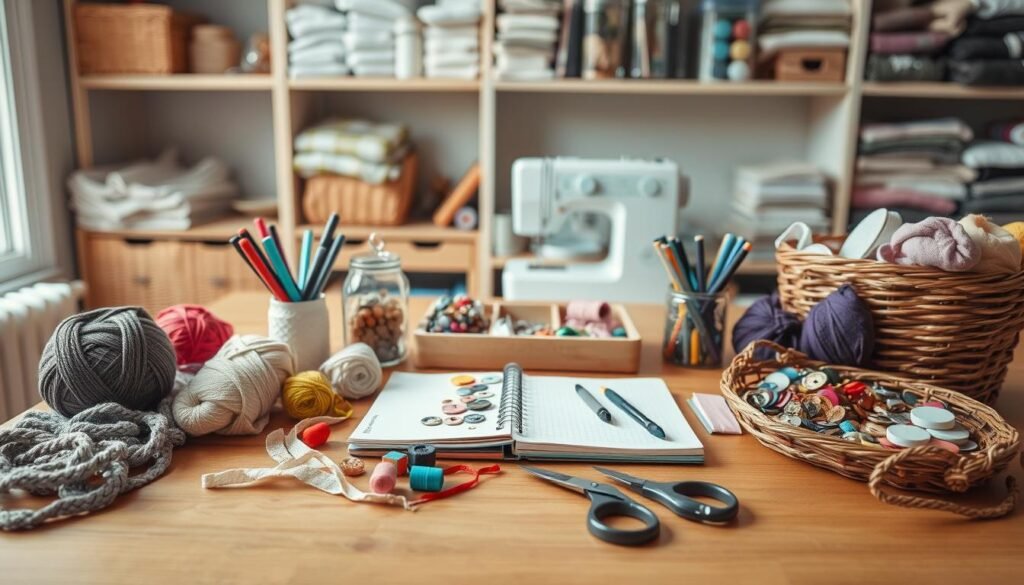 A cozy, well-lit crafting workspace with an assortment of essential supplies arranged neatly on a wooden table. In the foreground, various colors of yarn, spools of ribbon, and a pair of scissors rest alongside a sketchpad and a cup of pens and markers. In the middle ground, a sewing machine and a basket of fabric scraps sit next to a jar of buttons and a tray of embellishments. The background features shelves stocked with neatly organized craft materials, creating a sense of order and inspiration. The lighting is soft and natural, highlighting the textures and colors of the materials, conveying a relaxed and inviting atmosphere for a leisurely crafting session.