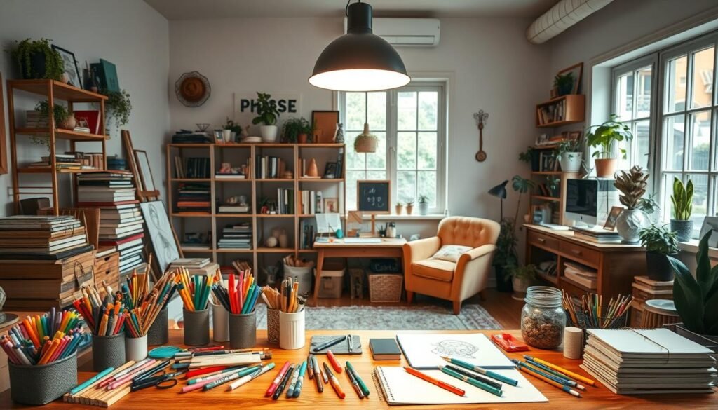A cozy, well-lit creative studio filled with an array of craft supplies and inspiring elements. In the foreground, a wooden table is adorned with an assortment of colorful markers, paint brushes, scissors, and sketchbooks. Overhead, a sleek pendant lamp casts a warm glow across the space. In the middle ground, shelves display an eclectic collection of art books, potted plants, and unique trinkets. The background features large windows allowing natural light to flood the room, with a plush area rug and comfortable armchair creating an inviting atmosphere for focused creative sessions.