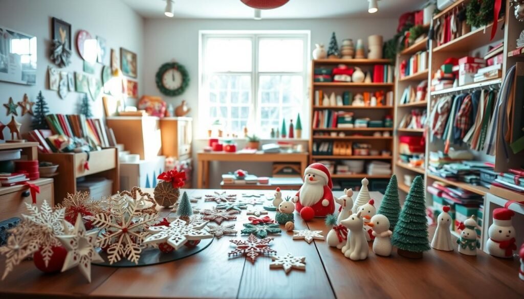 A cozy, well-lit holiday crafts studio, filled with an assortment of festive DIY projects. In the foreground, a wooden table showcases an array of handmade Christmas ornaments, ranging from intricate paper snowflakes to whimsical clay figurines. In the middle ground, a variety of crafting supplies, such as colored papers, ribbons, and glue guns, are neatly organized on shelves, inviting the viewer to dive into the creative process. The background features a large window, allowing natural light to pour in and illuminate the crafty scene, creating a warm and inviting atmosphere. The overall mood is one of cheerful creativity and holiday spirit, perfectly capturing the essence of "Fun Projects: christmas diy crafts for adults".