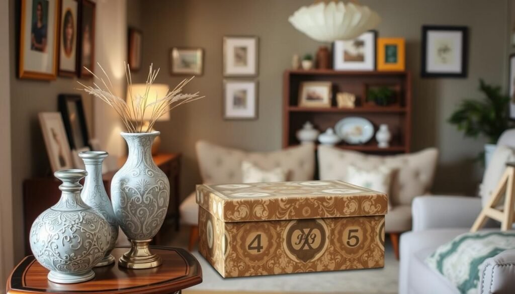 A cozy, well-lit home interior showcasing various mod podge decor techniques. In the foreground, a small table or shelf displays decorative items like vases, picture frames, and trinket boxes, all adorned with intricate mod podge patterns and textures. The middle ground features a DIY mod podge-covered box or tray, adding a touch of vintage charm to the scene. In the background, subtle wall art or shelving units showcase additional mod podge-enhanced decor pieces, creating a harmonious and visually appealing display. The overall atmosphere is warm, inviting, and inspiring, perfectly capturing the essence of quick and easy DIY decor ideas for the home.