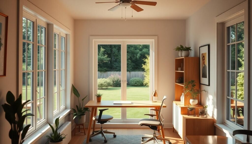 A cozy, well-lit home office space in a sun-filled room with large windows, offering a serene view of a lush, green backyard. The space features a minimalist, Scandinavian-inspired wooden desk, an ergonomic office chair, and tasteful decor accents like potted plants and a stylish desk lamp. Warm, natural lighting filters in, casting a soft glow and creating a calm, productive atmosphere. The room is uncluttered, with just the essential elements needed for a functional yet aesthetically pleasing workspace. The angle showcases the room's tranquil ambiance and the integration of the office within the home environment.