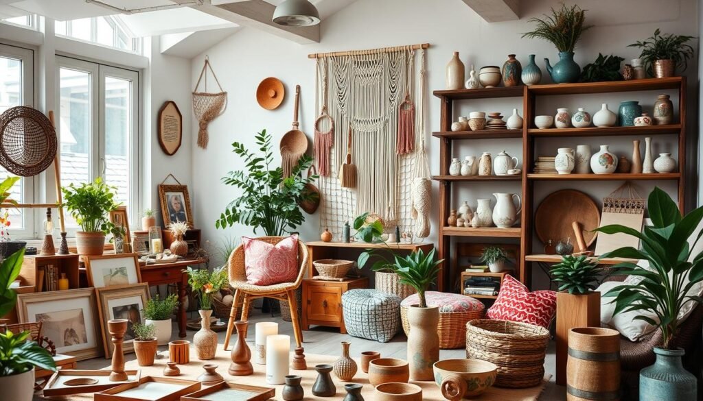 A cozy, well-lit home studio filled with an assortment of DIY home decor projects. In the foreground, a collection of handcrafted wooden frames, decorative plant holders, and artisanal candle holders. In the middle ground, a neatly organized display of colorful throw pillows, macrame wall hangings, and a rustic wooden shelf showcasing an array of ceramic vases and trinkets. The background features a bright, airy room with large windows, allowing natural light to pour in and illuminate the space. The overall atmosphere is one of creativity, warmth, and a touch of bohemian flair, inviting the viewer to be inspired and imagine the possibilities of DIY home decor.