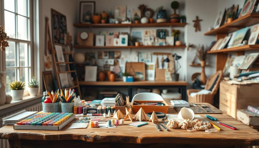 A cozy, well-lit home studio with an inviting, artisanal atmosphere. On a rustic wooden table, an assortment of adult craft supplies are neatly arranged - vibrant paints, delicate origami paper, intricate embroidery floss, and a variety of tools. In the background, a large window lets in soft, natural lighting, casting a warm glow over the scene. Shelves lining the walls display an eclectic collection of finished craft projects, from handmade greeting cards to repurposed home decor. The overall mood is one of creativity, relaxation, and a sense of personal expression.