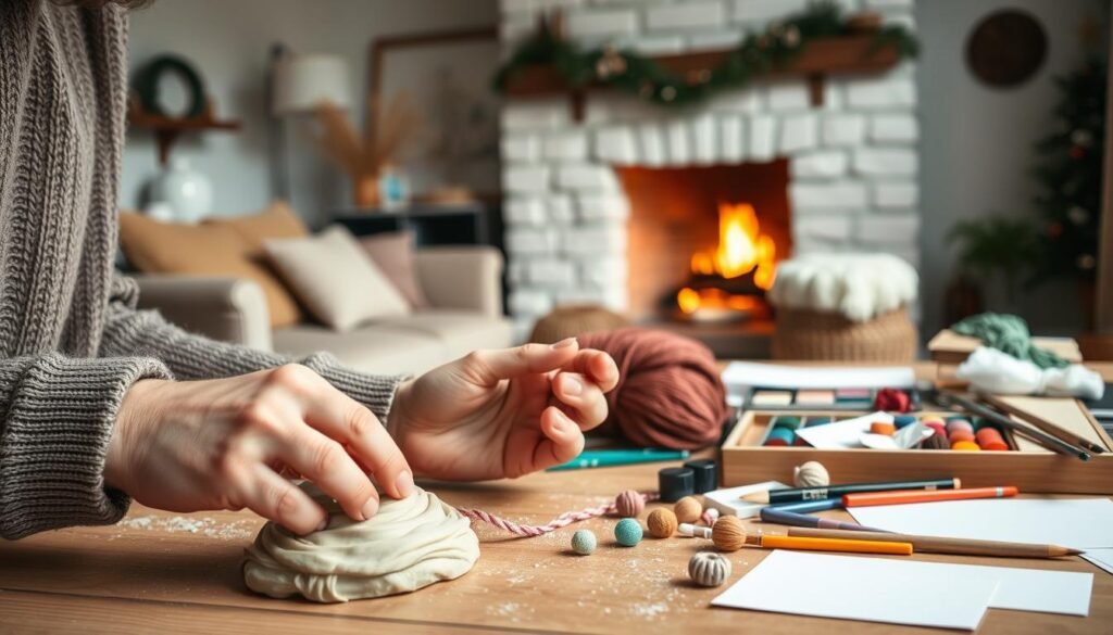 A cozy, well-lit indoor scene showcasing the benefits of winter DIY crafts for adults. In the foreground, an adult's hands carefully shaping and molding clay into a unique, personalized piece. The middle ground features an array of craft supplies - colorful yarns, paintbrushes, paper, and other materials arranged neatly on a wooden table. The background depicts a warm, inviting living room with plush furnishings and a crackling fireplace, conveying a sense of relaxation and mindfulness. Soft, natural lighting illuminates the scene, casting a tranquil, therapeutic atmosphere. The overall composition highlights the calming, creative, and rewarding aspects of winter DIY crafts as a hobby for adults. A cozy, well-lit indoor scene showcasing the benefits of winter DIY crafts for adults. In the foreground, an adult's hands carefully shaping and molding clay into a unique, personalized piece. The middle ground features an array of craft supplies - colorful yarns, paintbrushes, paper, and other materials arranged neatly on a wooden table. The background depicts a warm, inviting living room with plush furnishings and a crackling fireplace, conveying a sense of relaxation and mindfulness. Soft, natural lighting illuminates the scene, casting a tranquil, therapeutic atmosphere. The overall composition highlights the calming, creative, and rewarding aspects of winter DIY crafts as a hobby for adults.