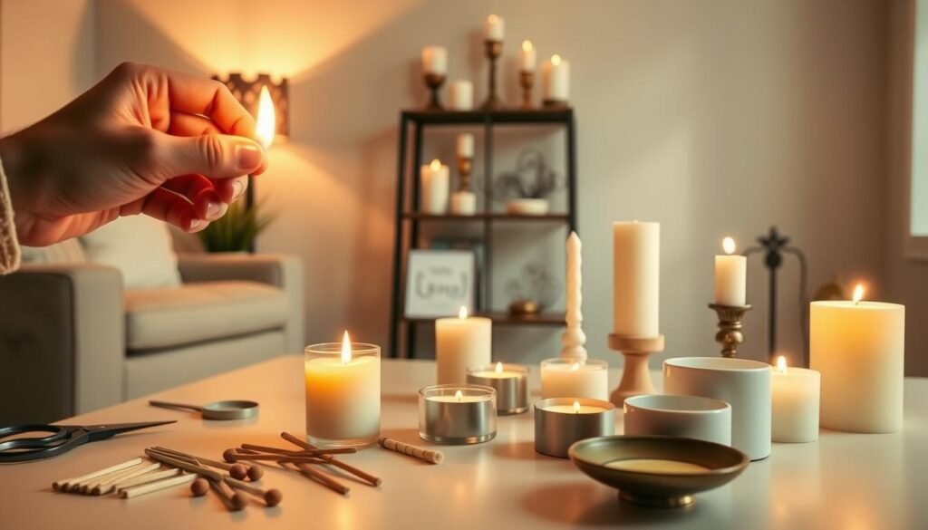 A cozy, well-lit interior scene showcasing a set of essential candle safety tips. In the foreground, a hand carefully lights a single candle, its warm glow illuminating a surface crowded with neatly arranged candle accessories - matches, scissors, and a wick trimmer. In the middle ground, a selection of tealights, votives, and pillar candles stand at the ready, each accompanied by its own small saucer or holder. The background features a simple, minimalist shelving unit displaying a variety of decorative candlesticks and lanterns, casting soft, diffused lighting across the entire scene. The overall mood is one of thoughtful, responsible candle enjoyment, promoting safe, sustainable practices for homemade candle making.