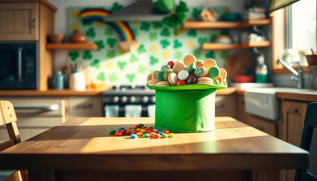 A cozy, well-lit kitchen scene with a wooden table in the foreground. Atop the table, a vibrant green leprechaun hat filled with an assortment of colorful candies, chocolates, and cookie treats. The hat is positioned at a slight angle, creating an inviting, playful composition. Warm, natural lighting bathes the scene, casting soft shadows and highlights that accentuate the textures and colors of the treats. In the background, a festive St. Patrick's Day-themed backdrop, perhaps with shamrocks, rainbows, or other whimsical decorations, sets the mood. The overall atmosphere is warm, cheerful, and bursting with Irish-inspired delight, perfect for a delectable snack-filled craft tutorial.