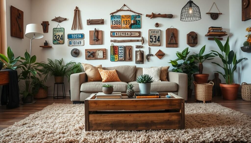 A cozy, well-lit living room filled with an assortment of charming upcycled home decor crafts. In the foreground, a repurposed wooden crate serves as a coffee table, adorned with a potted succulent and a stack of vintage books. On the walls, unique wall hangings made from reclaimed materials like old license plates, driftwood, and metal hardware create an eclectic and visually interesting display. Lush potted plants and a plush, textured rug in earth tones add warmth and natural elements to the space. Soft, diffused lighting from a minimalist floor lamp and a decorative pendant fixture lend a soothing, inviting atmosphere. The overall impression is one of creativity, personality, and a harmonious blend of old and new.
