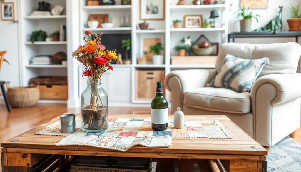 A cozy, well-lit living room with a coffee table made from repurposed wooden crates, adorned with a mix of upcycled decor items. In the foreground, a vintage glass jar filled with vibrant dried flowers sits next to a handcrafted candle holder made from an old tin can. On the table, a patchwork runner created from scraps of fabric and a small decorative vase made from a recycled bottle add pops of color. The middle ground features a plush armchair upholstered with a patterned throw pillow sewn from repurposed materials. In the background, shelves display an assortment of upcycled art pieces, trinkets, and plants thriving in repurposed containers. The overall atmosphere is warm, cozy, and inspiring, showcasing the beauty of transforming everyday items into unique home decor.