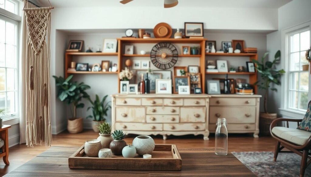 A cozy, well-lit living room with an assortment of custom-made home decor projects. In the foreground, a stylish wall hanging featuring intricate macrame patterns and natural fibers. On the coffee table, a rustic wooden tray showcasing handcrafted ceramic planters and candles. In the middle ground, a repurposed vintage dresser displays an array of personalized photo frames and decorative glass bottles. The background features large windows allowing natural light to flood the space, and shelves displaying eclectic trinkets, books, and DIY wall art. The overall atmosphere is warm, inviting, and reflective of the homeowner's unique style and creativity.