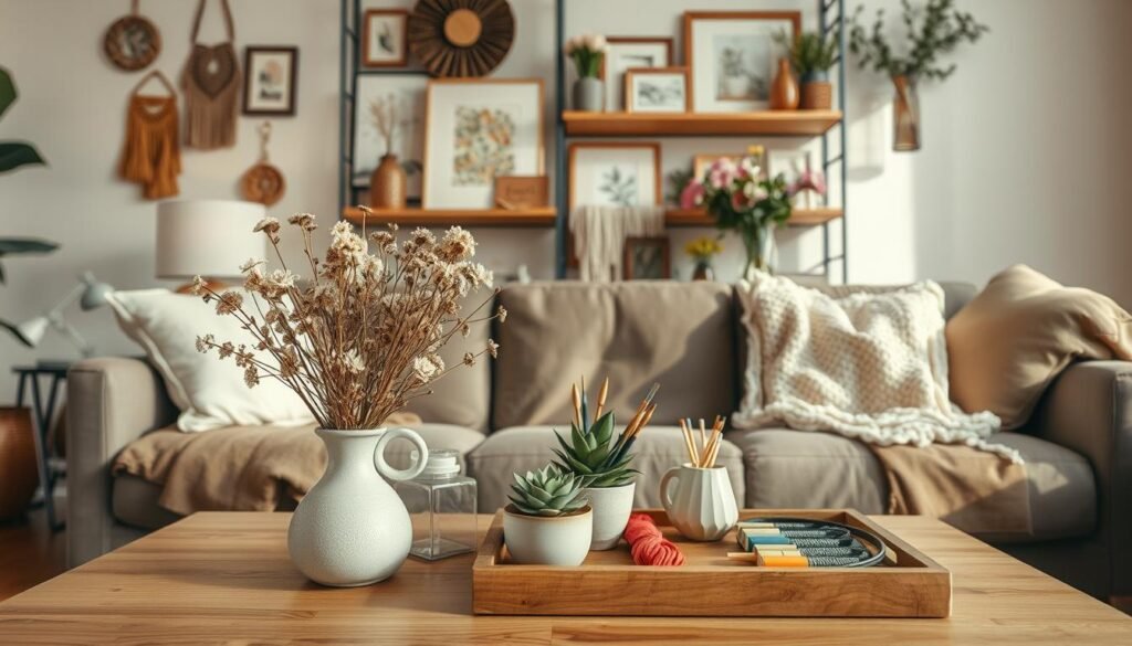 A cozy, well-lit living room with warm lighting and soft natural tones. In the foreground, a coffee table showcases an arrangement of handcrafted decorative items - a decorative vase filled with dried flowers, a small ceramic planter with a succulent, and a wooden tray with assorted art supplies like paints, brushes, and embroidery floss. On the shelves behind, a collection of framed wall hangings, knitted throws, and vases filled with freshly picked flowers, creating a tranquil and inviting atmosphere. The scene is captured from a slightly elevated angle, emphasizing the overall sense of relaxation and creativity.