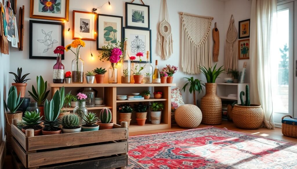A cozy, well-lit room filled with a variety of budget-friendly DIY home decor projects. In the foreground, a rustic wooden crate houses an assortment of potted succulents and small decorative trinkets. On the middle shelves, repurposed jars and bottles hold colorful flowers and string lights, casting a warm glow. The background features a mix of framed wall art, handmade macrame hangings, and a large, vibrant rug that ties the room together. The overall atmosphere is inviting, creative, and showcases the versatility of simple, cost-effective DIY projects for the modern home.