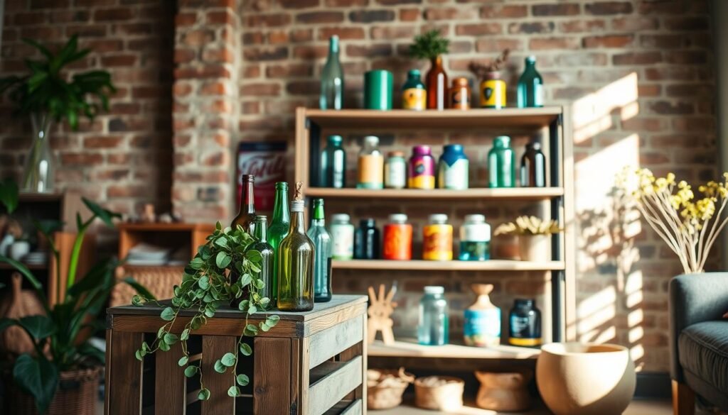A cozy, well-lit room showcasing an array of upcycled home decor pieces. In the foreground, a repurposed wooden crate serves as a unique side table, adorned with a lush, trailing plant and an eclectic mix of decorative glass bottles. On the middle shelves, a collection of colorful glass jars and tin cans have been transformed into whimsical vases and planters. The background features a rustic, exposed brick wall, providing a warm, earthy backdrop to the vibrant, sustainable creations. Soft, natural lighting filters in, casting a tranquil glow and highlighting the textures and colors of the upcycled items. An inviting, eco-friendly atmosphere that celebrates creativity and environmental consciousness.