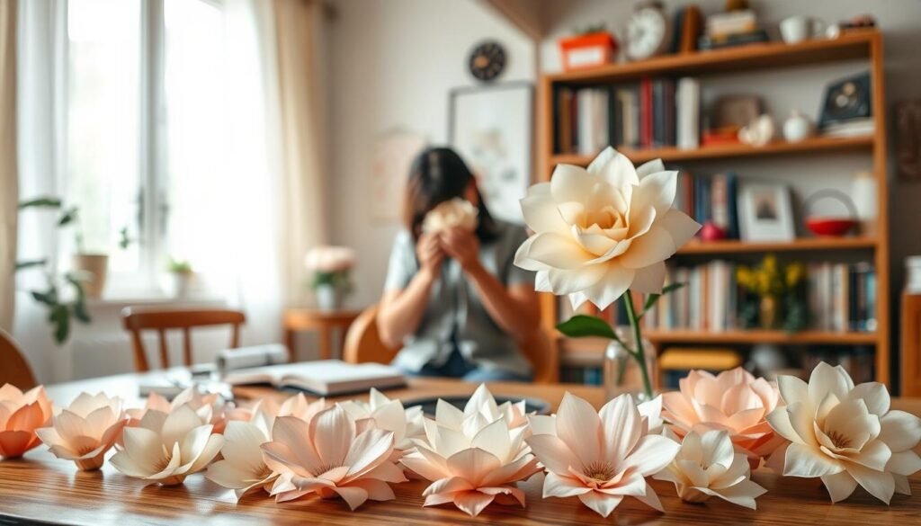 A cozy, well-lit room with natural lighting filtering through sheer curtains. In the foreground, an elegant display of intricate paper flowers in a variety of hues - delicate petals, intricate folds, and subtle textures. On a wooden table, neatly arranged craft supplies like scissors, paper, and step-by-step tutorials. The middle ground showcases a person's hands skillfully crafting a paper bloom, their face visible but slightly blurred, focused on the task at hand. The background features a bookshelf filled with craft books and inspiring decor, creating a warm, inviting atmosphere for a rainy day paper flower making session.