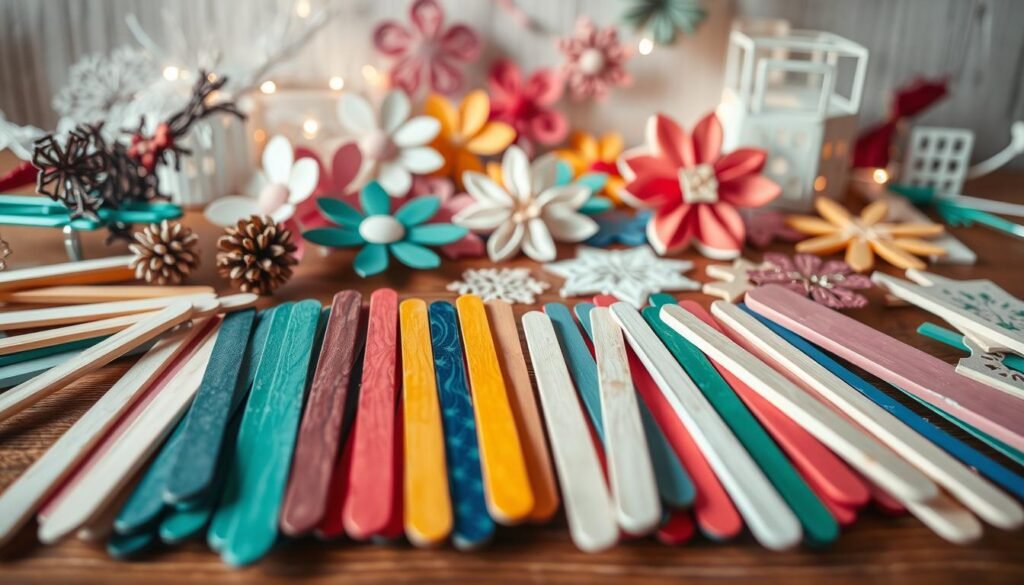 A cozy, well-lit scene of assorted DIY paper crafts arranged on a wooden surface. In the foreground, an array of colorful popsicle sticks in varying sizes and shapes, some plain, others decorated with intricate patterns and cutouts. In the middle ground, simple paper flowers, streamers, and other ornamental elements created from the humble popsicle sticks. The background features a soft, winter-inspired color palette, hinting at the versatility of these everyday materials in crafting charming, homespun projects. The overall composition conveys a sense of warmth, creativity, and the joy of handmade winter decor. A cozy, well-lit scene of assorted DIY paper crafts arranged on a wooden surface. In the foreground, an array of colorful popsicle sticks in varying sizes and shapes, some plain, others decorated with intricate patterns and cutouts. In the middle ground, simple paper flowers, streamers, and other ornamental elements created from the humble popsicle sticks. The background features a soft, winter-inspired color palette, hinting at the versatility of these everyday materials in crafting charming, homespun projects. The overall composition conveys a sense of warmth, creativity, and the joy of handmade winter decor.