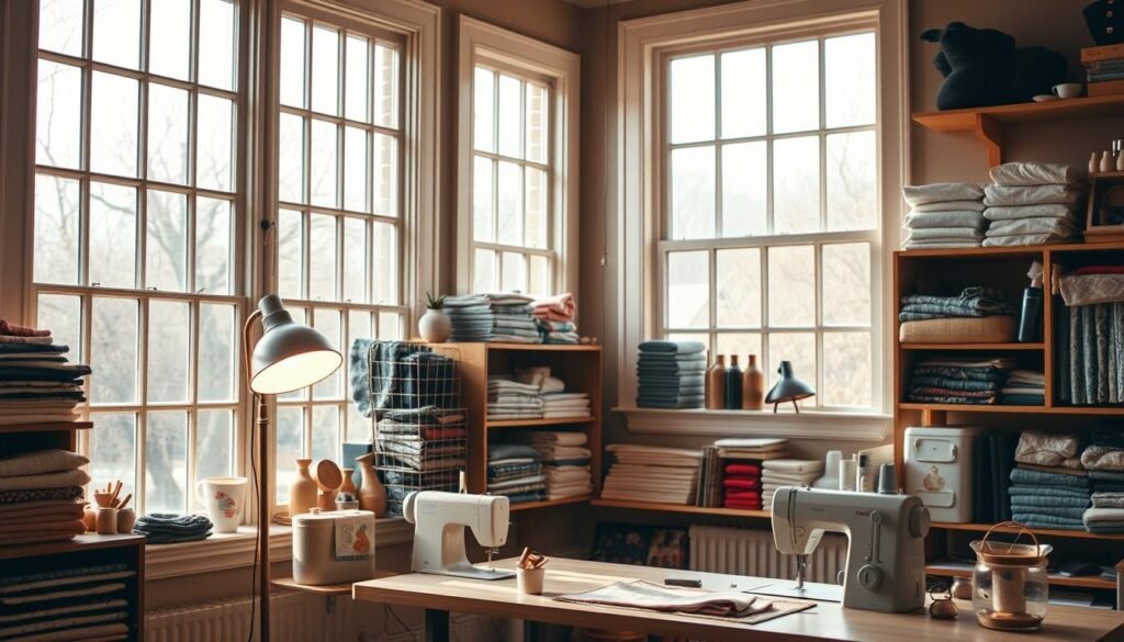A cozy, well-lit sewing room with abundant natural lighting from large windows, casting a warm, diffused glow across the space. A vintage-inspired floor lamp in the corner casts a soft, ambient light, complementing the task lighting above the sewing table. An assortment of sewing materials, fabrics, and notions are neatly organized on shelves, creating a visually appealing and inspiring workspace. The overall atmosphere is one of creativity, productivity, and a sense of tranquility, inviting the viewer to imagine themselves immersed in the joy of sewing.