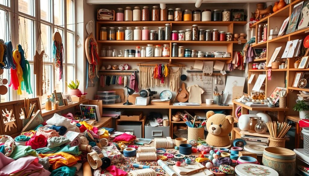A cozy, well-lit studio filled with an array of DIY craft tools and materials. In the foreground, a skillful pair of hands delicately arranging an assortment of vibrant fabrics, ribbons, and trimmings. The middle ground showcases a variety of handcrafted items, such as unique jewelry, decorative wall hangings, and intricate paper designs. In the background, shelves brimming with jars of beads, spools of thread, and other crafting essentials create a visually inspiring atmosphere. Warm, natural lighting filters through large windows, casting a soft glow over the entire scene, capturing the essence of DIY craft techniques that can elevate any handmade creation.