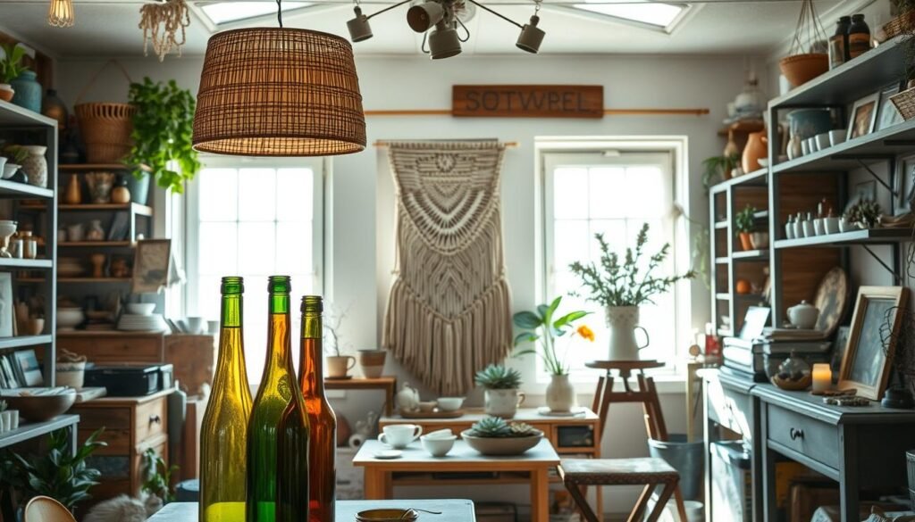 A cozy, well-lit studio filled with an eclectic mix of upcycled home decor. In the foreground, a stunning centerpiece made from recycled glass bottles, their vibrant hues casting a warm glow. Nearby, a unique vase crafted from an old tin can, adorned with intricate wire wrapping. On shelves and tables, an array of repurposed items - a lamp shade fashioned from a woven basket, a succulent planter upcycled from a vintage teacup, and a decorative tray made from an old picture frame. The middle ground showcases a DIY wall hanging, its geometric pattern created using leftover fabric scraps. In the background, natural light streams in through large windows, illuminating the space and highlighting the tactile, handmade quality of the upcycled treasures.