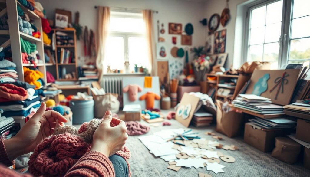 A cozy, well-lit studio space filled with an array of carefully curated craft supplies and materials. In the foreground, an adult's hands delicately arranging an assortment of vibrant yarns, fabrics, paints, and papers. The middle ground showcases various DIY projects in various stages of completion - a half-knitted scarf, a partially painted canvas, a pile of freshly cut cardboard shapes. In the background, a large window floods the room with natural light, casting a warm, soothing glow over the scene. The overall atmosphere radiates a sense of tranquility, focus, and mindful engagement, capturing the restorative and therapeutic benefits of embracing crafts as an adult.