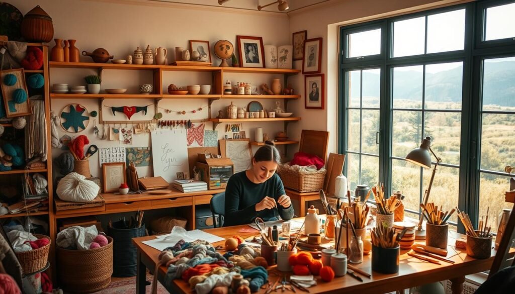 A cozy, well-lit studio space filled with an array of crafting materials and tools. In the foreground, a person sitting at a table, deeply engaged in a creative project, their face alight with a sense of calm focus. Surrounding them, an assortment of colorful yarn, paints, brushes, and various DIY supplies. In the middle ground, shelves lined with handmade trinkets, pottery, and framed artwork, hinting at the owner's artistic passions. In the background, a large window overlooking a serene, natural landscape, letting in warm, diffused sunlight that adds to the tranquil atmosphere. The overall scene conveys a sense of mindfulness, therapeutic relaxation, and the joy of personal expression through crafting.