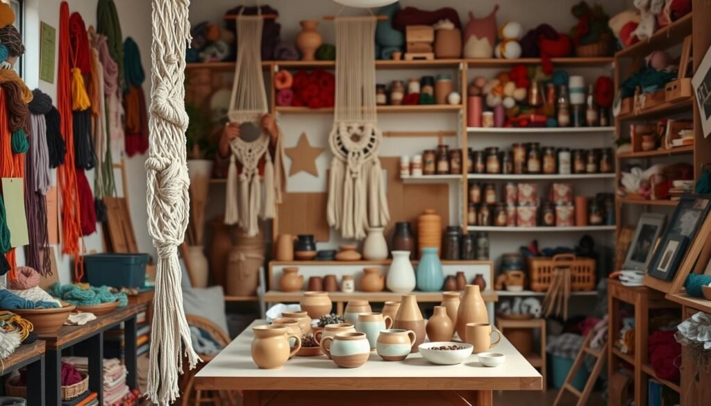 A cozy, well-lit studio space filled with an array of crafting materials - vibrant yarns, colorful paper, and an assortment of tools. In the foreground, an adult's hands are intently focused on weaving an intricate macrame wall hanging, their expression one of calm concentration. In the middle ground, a table displays a collection of handmade ceramic mugs and vases, their organic shapes and textures a testament to the meditative process of pottery. The background features shelves adorned with neatly organized skeins of yarn, jars of beads, and other crafting supplies, hinting at the vast creative potential waiting to be unlocked. The overall scene conveys a sense of tranquility, self-expression, and the therapeutic benefits of engaging in hands-on, mindful crafting activities.