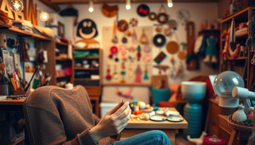 A cozy, well-lit studio space, filled with an array of crafting tools and materials. In the foreground, an adult's hands delicately working on a handmade project, their face expressing a serene focus. The middle ground showcases a variety of completed crafts, each with a unique and personalized touch. In the background, a sense of tranquility and mindfulness, as the person finds joy and relaxation in the creative process. Warm, diffused lighting casts a soft glow, conveying a sense of contentment and the therapeutic benefits of adult crafting.