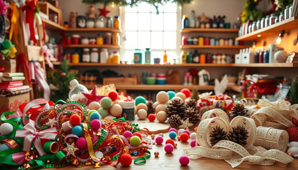 A cozy, well-lit studio space filled with an array of festive holiday craft supplies. In the foreground, an assortment of vibrant ribbons, glittering sequins, colorful pom-poms, and delicate lace trimmings. In the middle ground, a collection of wooden ornaments, felt shapes, and pinecones await transformation. In the background, shelves brimming with jars of glue, paint, and other essential tools, bathed in warm, natural lighting that casts a cheerful glow. The overall atmosphere exudes a sense of creativity, inspiration, and the joy of handmade holiday décor.