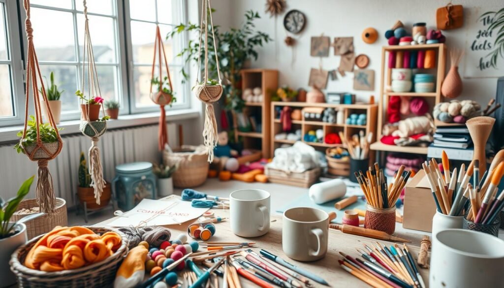 A cozy, well-lit studio space filled with an assortment of adult craft supplies and tools. In the foreground, a variety of relaxing craft projects are in progress - colorful macrame plant hangers, intricate paper quilling designs, and a half-finished ceramic mug. The middle ground showcases an array of craft materials, from vibrant skeins of yarn to a collection of acrylic paints and brushes. In the background, a large window floods the scene with natural light, creating a tranquil, calming atmosphere. The overall mood is one of focused creativity and stress-relieving engagement, inviting the viewer to immerse themselves in the therapeutic process of crafting.