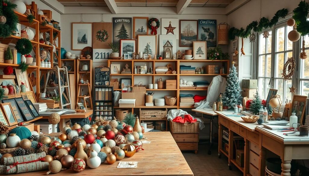 A cozy, well-lit studio space filled with an assortment of seasonal craft supplies and materials. In the foreground, various handmade ornaments, garlands, and other holiday decorations sit on a wooden workbench. In the middle ground, shelves display an array of crafting tools, paints, fabrics, and inspirational seasonal imagery. The background features a warm, inviting atmosphere with soft, diffused lighting filtering through large windows, hinting at the changing seasons outside.