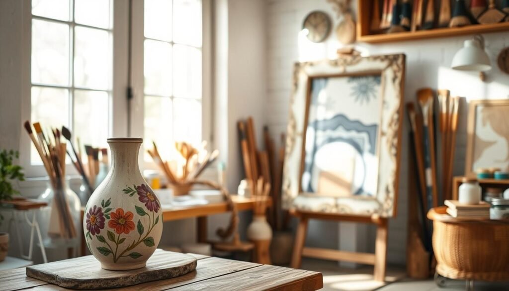 A cozy, well-lit studio space showcasing an array of DIY home decor projects. In the foreground, a delicately painted wooden vase with vibrant floral motifs sits atop a rustic, distressed table. In the middle ground, an upcycled mirror frame adorned with hand-painted patterns leans against a whitewashed wall. The background features a variety of brushes, paints, and other craft supplies, creating a sense of artful inspiration. Soft, natural lighting filters through large windows, casting a warm glow and highlighting the textures and colors of the handmade accents. The overall scene conveys a sense of creativity, personalization, and the joy of transforming everyday objects into unique home decor.