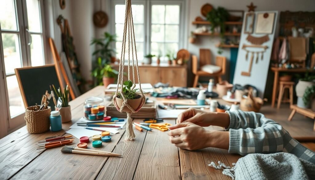 A cozy, well-lit studio space with an array of engaging DIY crafts laid out on a rustic wooden table. In the foreground, an adult's hands diligently working on a colorful macrame plant hanger, their expression one of calm focus. In the middle ground, an assortment of craft supplies - paints, brushes, scissors, and various textiles - arranged neatly, hinting at the creative potential. The background features a large window, allowing natural light to pour in and illuminate the scene, conveying a sense of tranquility and mindfulness. The overall atmosphere is one of relaxation and rejuvenation, capturing the therapeutic benefits of hands-on crafting for stressed adults.
