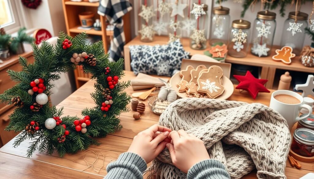 A cozy, well-lit studio with a variety of winter-themed craft supplies scattered across a wooden table. In the foreground, a handmade wreath of pine branches, pinecones, and red berries takes shape. In the middle ground, a pair of nimble hands delicately weaves a wool scarf in a cable-knit pattern. The background features a display of glass jars filled with glittering snowflake ornaments, a tray of gingerbread cookies, and a mug of steaming hot chocolate. The overall scene exudes a sense of warm, festive creativity and DIY delight.
