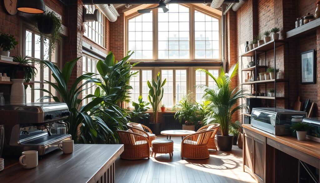 A cozy, well-lit sustainable coffee bar with natural, earthy tones and textures. The foreground features a wooden bar with a minimalist espresso machine and hand-crafted ceramic mugs. In the middle ground, floor-to-ceiling windows let in abundant natural light, illuminating a mix of rattan seating and lush, verdant potted plants. The background showcases exposed brick walls, reclaimed wood shelving, and subtle industrial-chic lighting fixtures. The overall atmosphere is warm, inviting, and environmentally conscious, reflecting the café's commitment to sustainability and aesthetic appeal.
