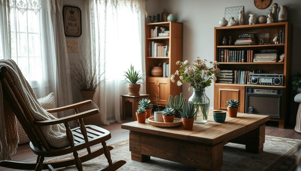 A cozy, well-lit vintage living room with natural light filtering through lace curtains. In the foreground, a lovingly restored wooden rocking chair adorned with a knitted throw blanket. On the middle ground, a reclaimed wooden coffee table displaying an assortment of potted succulents and a vintage glass vase filled with wildflowers. In the background, a tall, wooden bookshelf showcases an eclectic mix of hardcover books, ceramic figurines, and a vintage radio. The room exudes a warm, inviting atmosphere with muted earth tones and natural textures that create an eco-friendly, sustainable aesthetic. A cozy, well-lit vintage living room with natural light filtering through lace curtains. In the foreground, a lovingly restored wooden rocking chair adorned with a knitted throw blanket. On the middle ground, a reclaimed wooden coffee table displaying an assortment of potted succulents and a vintage glass vase filled with wildflowers. In the background, a tall, wooden bookshelf showcases an eclectic mix of hardcover books, ceramic figurines, and a vintage radio. The room exudes a warm, inviting atmosphere with muted earth tones and natural textures that create an eco-friendly, sustainable aesthetic.