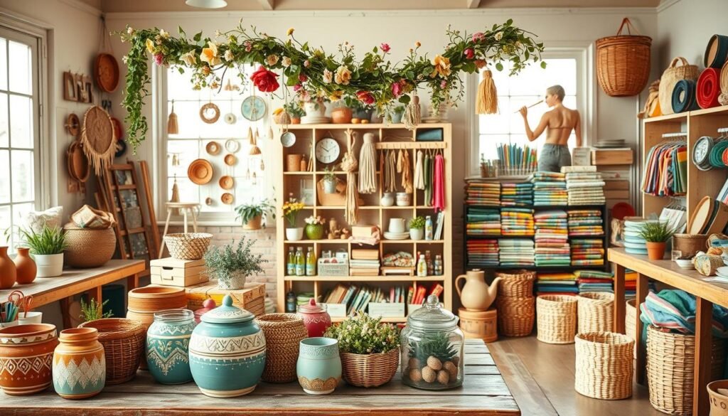 A cozy, well-lit workshop filled with an assortment of budget-friendly home decor crafts. In the foreground, a selection of hand-painted terracotta pots, woven baskets, and repurposed glass jars adorn a rustic wooden table. In the middle ground, a vibrant garland of dried flowers and greenery cascades across a shelfunit displaying DIY wall hangings and decorative trinkets. The background features a cheerful array of colorful fabrics, ribbons, and craft supplies, hinting at the creative potential within. Warm, natural lighting filters through large windows, casting a soothing, inviting glow over the entire scene.