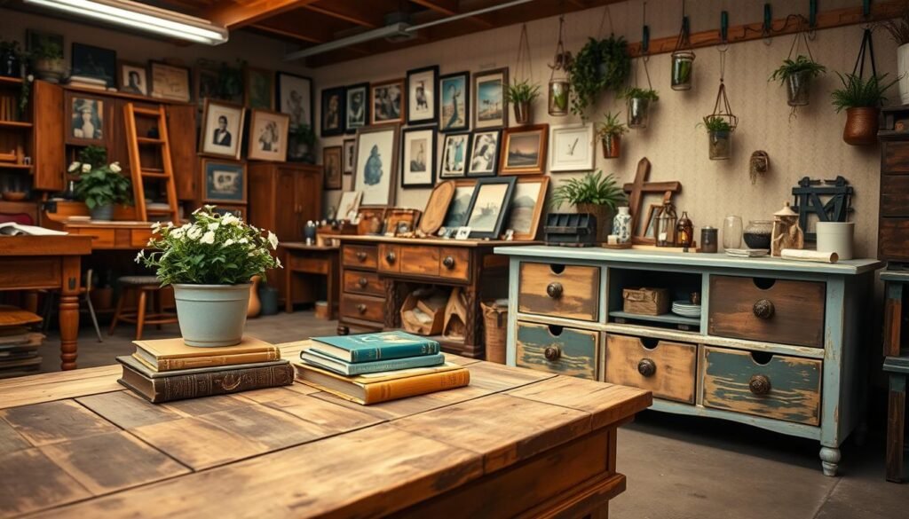 A cozy, well-lit workshop interior, showcasing a variety of upcycled furniture pieces. In the foreground, a rustic wooden coffee table crafted from reclaimed planks, its surface adorned with a lush potted plant and vintage books. In the middle ground, a repurposed dresser, its drawers transformed into shelves displaying an eclectic collection of decorative objects. The background features a wall gallery of framed artwork, mixed with hanging plant holders made from repurposed glass jars. Warm, diffused lighting creates a welcoming atmosphere, highlighting the unique character and charm of the upcycled furnishings.