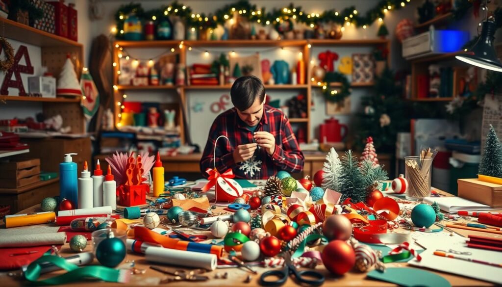 A cozy, well-lit workshop scene filled with an array of festive holiday crafting projects. In the foreground, a table overflows with an assortment of materials - glue, scissors, ribbons, ornaments, and colorful paper. Midground features an adult crafter, their face obscured, deeply engaged in creating a handmade holiday decoration. The background showcases shelves stocked with crafting supplies, string lights, and subtle holiday decor, casting a warm, inviting glow. The overall atmosphere evokes a sense of joy, creativity, and the spirit of the season.