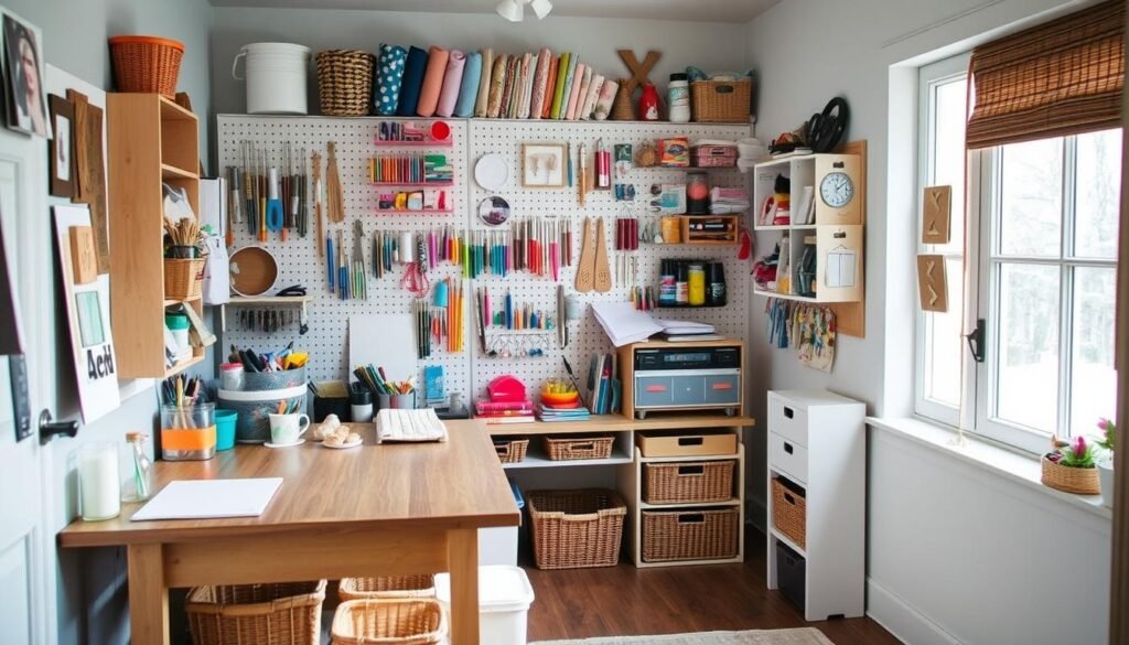 A cozy, well-organized craft room with a modest, budget-friendly setup. In the foreground, a sturdy wooden desk with simple storage solutions like baskets and jars, providing ample space for various crafting projects. The middle ground features a pegboard or shelving unit displaying an array of colorful art supplies, fabrics, and tools, neatly organized and accessible. The background showcases natural lighting flooding the room through large windows, creating a bright and inspiring atmosphere. The overall space exudes a sense of creativity and productivity, perfect for the aspiring crafter on a budget.