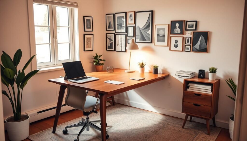 A cozy, well-organized home office with a stylish mid-century modern design. The workspace features a large, minimalist wooden desk with ample surface area, paired with an ergonomic office chair in a complementary neutral tone. On the desk, a sleek laptop, a small potted plant, and a few neatly arranged stationery items create a balanced, productive setup. The walls are adorned with a gallery of framed art prints, adding a touch of personality. Warm, diffused lighting filters in through a large window, illuminating the space and creating a comfortable, inspiring atmosphere. The room's neutral color palette and clean lines convey a sense of focus and creativity, perfect for transforming a small space into a functional, visually appealing workspace.
