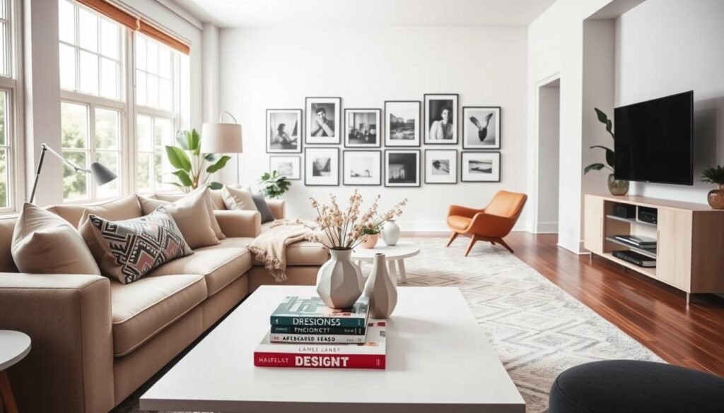 A cozy, well-styled living room with natural light flooding through large windows. In the foreground, a plush, neutral-toned sofa adorned with decorative pillows and a soft, woven throw blanket. On a sleek, minimalist coffee table, a selection of design books and a sculptural vase with fresh flowers. In the middle ground, a mid-century inspired armchair and a geometric patterned area rug tie the space together. The background features a gallery wall of framed art and photography, creating a visually striking focal point. The overall atmosphere is one of warmth, sophistication, and relaxation, showcasing essential home decor tips for a stylish, inviting living space.