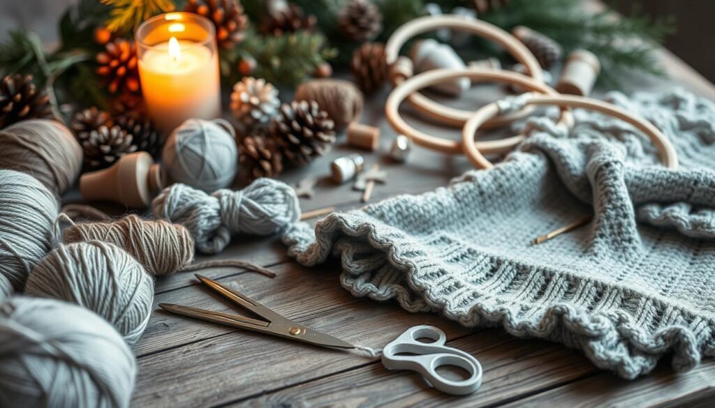 A cozy winter craft scene with an assortment of materials and tools laid out on a rustic wooden table. In the foreground, there are skeins of yarn in muted tones, spools of twine, and a pair of vintage-style scissors. In the middle ground, various embroidery hoops, needles, and a half-finished knitted scarf. In the background, a backdrop of seasonal foliage, pinecones, and a gently glowing candle casting a warm, inviting light across the arrangement. The scene is bathed in soft, diffused natural lighting, with a focus on texture and the tactile nature of the crafting supplies. The overall mood is one of peaceful, creative solitude, perfect for inspiring a cozy winter DIY project.