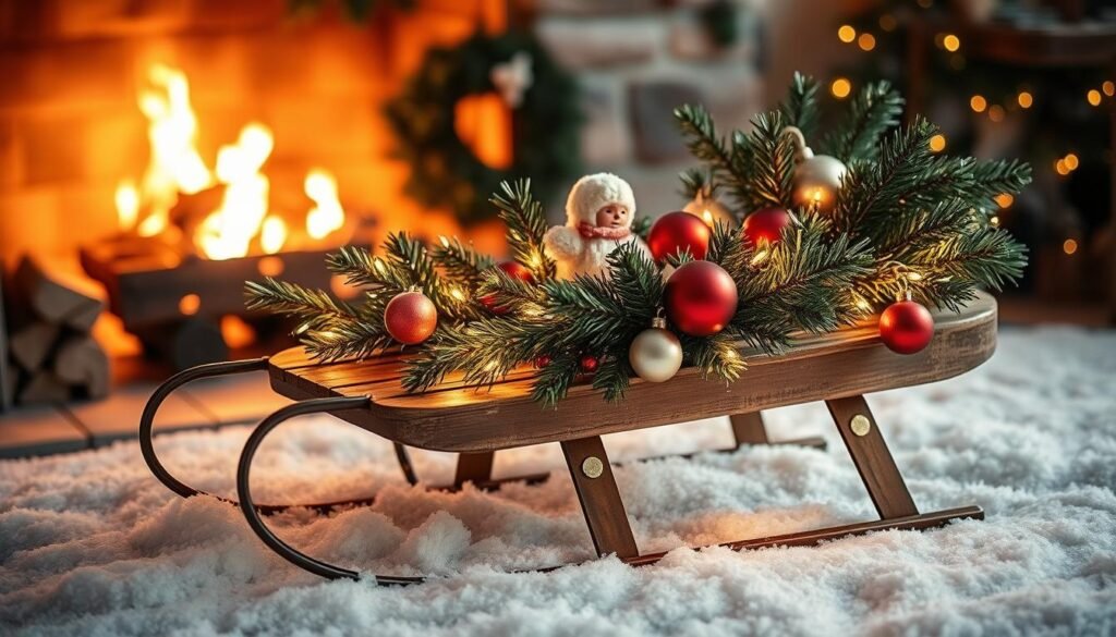 A cozy winter scene, a vintage wooden sled adorned with twinkling fairy lights, pine garlands, and festive ornaments. The sled rests on a plush, snowy surface, with a warm fireplace in the background casting a soft, inviting glow. Soft, diffused lighting creates a serene, intimate atmosphere, drawing the viewer's attention to the thoughtfully curated winter decor. The overall composition evokes a sense of nostalgia and the joy of transforming thrift store finds into a delightful, one-of-a-kind winter display.
