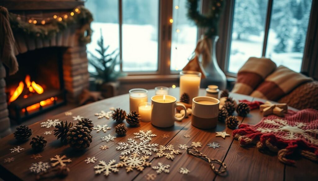 A cozy winter scene, a warm fireplace casting a soft glow, handcrafted decorations and DIY projects scattered across a rustic wooden table. In the foreground, delicate paper snowflakes, pinecone ornaments, and knitted stockings. In the middle, a mug of hot cocoa, artisanal candles, and various crafting supplies. In the background, a snowy landscape visible through a frosted window, a sense of tranquility and retreat from the cold outside. Lighting is mellow and atmospheric, with a vintage film-like aesthetic. The overall mood is one of relaxation, creativity, and the joys of winter. A cozy winter scene, a warm fireplace casting a soft glow, handcrafted decorations and DIY projects scattered across a rustic wooden table. In the foreground, delicate paper snowflakes, pinecone ornaments, and knitted stockings. In the middle, a mug of hot cocoa, artisanal candles, and various crafting supplies. In the background, a snowy landscape visible through a frosted window, a sense of tranquility and retreat from the cold outside. Lighting is mellow and atmospheric, with a vintage film-like aesthetic. The overall mood is one of relaxation, creativity, and the joys of winter.