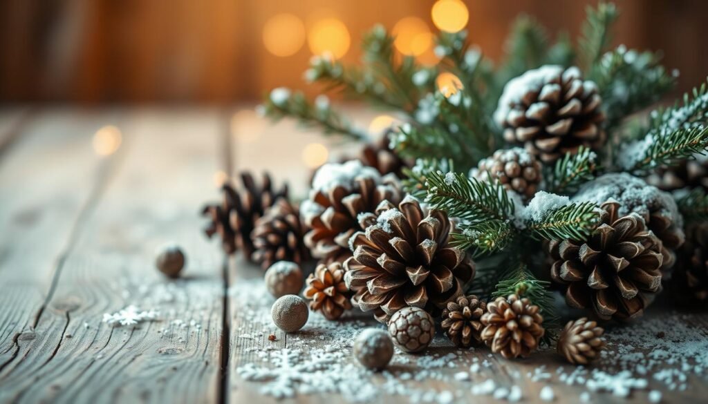 A cozy winter scene featuring an assortment of pinecones in various sizes and textures, arranged artfully on a rustic wooden surface. The pinecones are complemented by sprigs of evergreen foliage, delicate snowflakes, and warm, soft lighting that casts a gentle glow over the composition. The overall mood is one of natural, serene beauty - a harmonious blend of organic materials that evokes the tranquility of the winter season. The camera angle is positioned slightly above the scene, providing a visually appealing and inviting perspective. The depth of field is shallow, allowing the pinecones and foliage to stand out in sharp focus while the background remains softly blurred.