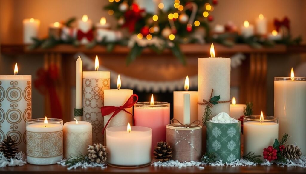 A cozy winter scene featuring an assortment of uniquely designed holiday candles. In the foreground, an array of candles in various shapes, sizes, and colors - some adorned with intricate patterns, others wrapped in ribbons or adorned with natural elements like pinecones and holly. In the middle ground, a warm, soft-lit setting with a wooden table or mantelpiece as the backdrop. The background is blurred, hinting at a festive, intimate atmosphere, perhaps with a glimpse of a Christmas tree or other holiday decorations. The lighting is gentle, creating a welcoming, inviting ambiance, perfect for setting a mood of holiday cheer and relaxation.