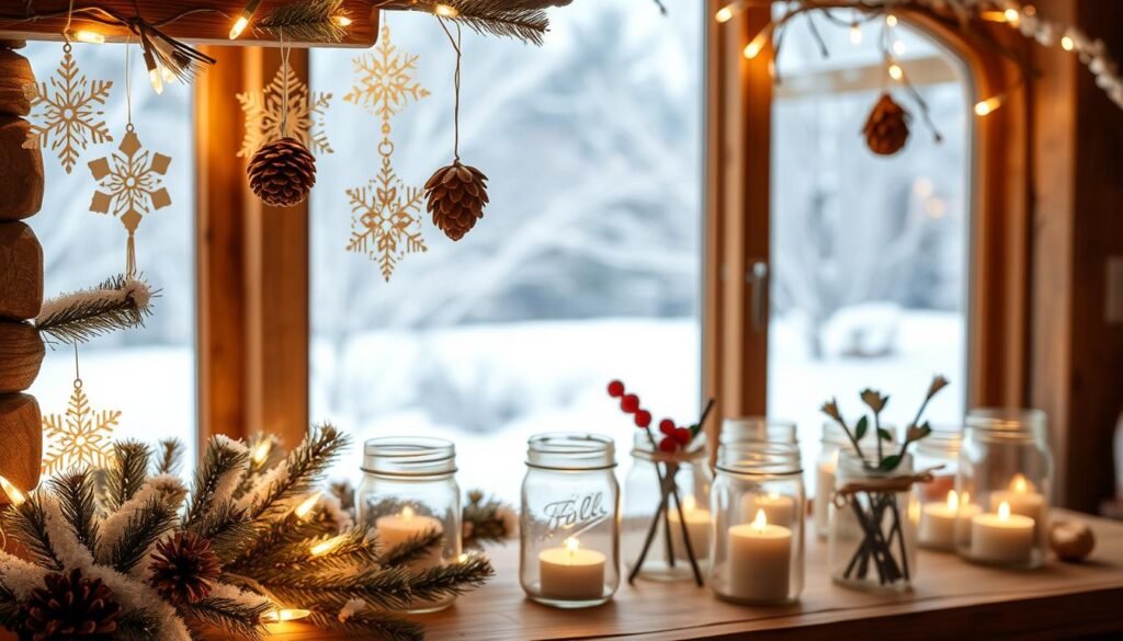 A cozy winter scene filled with an assortment of easy, homemade craft ideas. In the foreground, delicate paper snowflakes and pinecone ornaments hang from a rustic wooden mantel, bathed in the warm glow of twinkling string lights. In the middle ground, a collection of simple yet charming DIY candle holders, using mason jars and natural elements like twigs and holly berries. In the background, a snow-covered landscape can be seen through a large window, creating a serene and inviting atmosphere. The overall mood is one of festive, homespun charm, perfect for adding a touch of handmade warmth to any living space this winter.