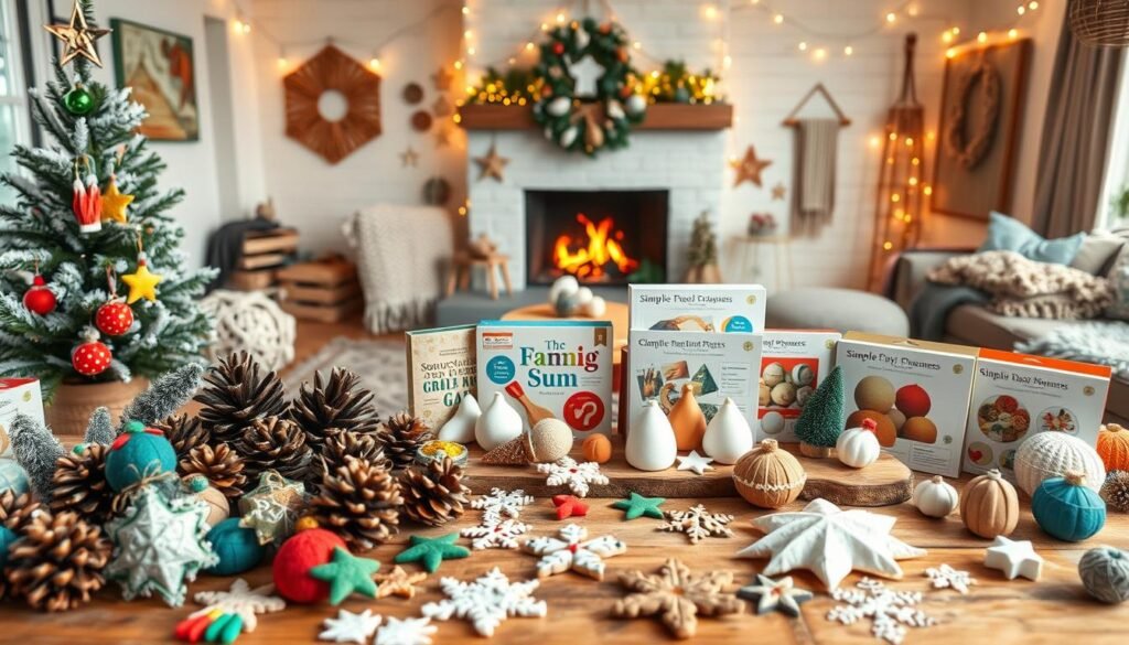 A cozy winter scene filled with an assortment of easy, homemade craft projects. In the foreground, an array of colorful, handmade felt ornaments, pinecone decorations, and simple paper snowflakes. In the middle ground, a wooden table showcases a variety of simple, step-by-step craft kits, including clay sculptures, woven wall hangings, and sewing projects. The background features a warm, inviting living room with a crackling fireplace, plush rugs, and twinkling string lights, creating a serene, hygge-inspired atmosphere. Soft, diffused lighting gently illuminates the scene, highlighting the textures and details of the various craft materials. A cozy winter scene filled with an assortment of easy, homemade craft projects. In the foreground, an array of colorful, handmade felt ornaments, pinecone decorations, and simple paper snowflakes. In the middle ground, a wooden table showcases a variety of simple, step-by-step craft kits, including clay sculptures, woven wall hangings, and sewing projects. The background features a warm, inviting living room with a crackling fireplace, plush rugs, and twinkling string lights, creating a serene, hygge-inspired atmosphere. Soft, diffused lighting gently illuminates the scene, highlighting the textures and details of the various craft materials.