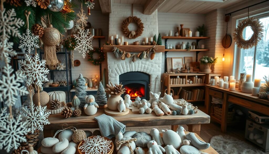 A cozy winter scene filled with unique, handcrafted decorations and DIY projects. In the foreground, a collection of intricate snowflake ornaments, pine cone garlands, and woven wreaths. In the middle ground, a rustic wooden table displaying an array of knitted mittens, felted ornaments, and clay figurines. In the background, a warm and inviting space with a crackling fireplace, shelves adorned with artisanal candles, and a window overlooking a snowy landscape. The lighting is soft and ambient, creating a serene and inviting atmosphere, perfect for a cozy winter craft session. Captured with a wide-angle lens to showcase the full breadth of the display.