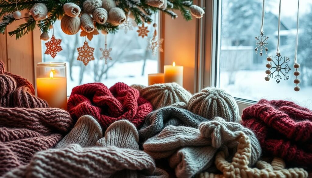 A cozy winter scene showcasing a variety of handcrafted items. In the foreground, an assortment of knitted scarves, mittens, and hats in rich, seasonal hues. In the middle ground, delicate paper snowflakes and intricate wooden ornaments hang from a rustic garland. The background features a snowy windowsill, framed by warm candlelight and a glimpse of a frost-covered landscape beyond. The lighting is soft and natural, creating a welcoming, hygge-inspired atmosphere. The overall composition captures the essence of winter craft trends - a harmonious blend of traditional techniques and modern, minimalist design. A cozy winter scene showcasing a variety of handcrafted items. In the foreground, an assortment of knitted scarves, mittens, and hats in rich, seasonal hues. In the middle ground, delicate paper snowflakes and intricate wooden ornaments hang from a rustic garland. The background features a snowy windowsill, framed by warm candlelight and a glimpse of a frost-covered landscape beyond. The lighting is soft and natural, creating a welcoming, hygge-inspired atmosphere. The overall composition captures the essence of winter craft trends - a harmonious blend of traditional techniques and modern, minimalist design.