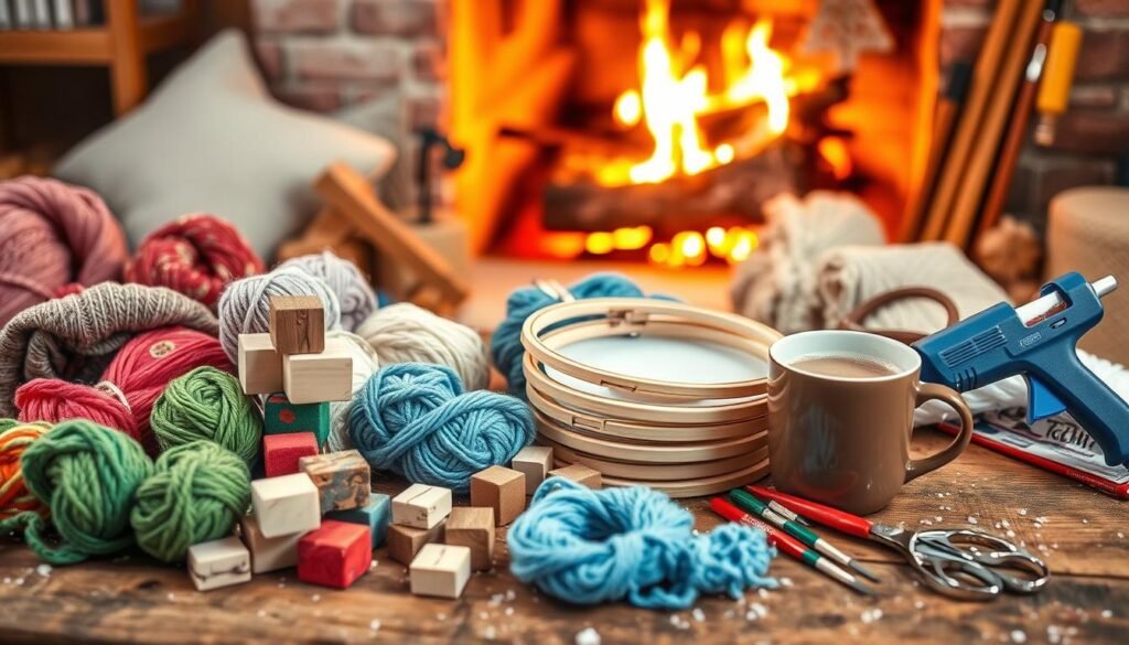 A cozy winter scene showcasing an array of DIY project materials. In the foreground, a selection of craft supplies - colorful skeins of yarn, wooden blocks, paintbrushes, and a hot glue gun - are neatly arranged on a rustic wooden table. In the middle ground, a stack of knitting needles, embroidery hoops, and scissors sit beside a mug of steaming hot cocoa. The background features a warm, inviting fireplace with a crackling fire, casting a soft, ambient glow throughout the scene. The overall mood is one of comfort, creativity, and the joyful anticipation of crafting unique winter projects.